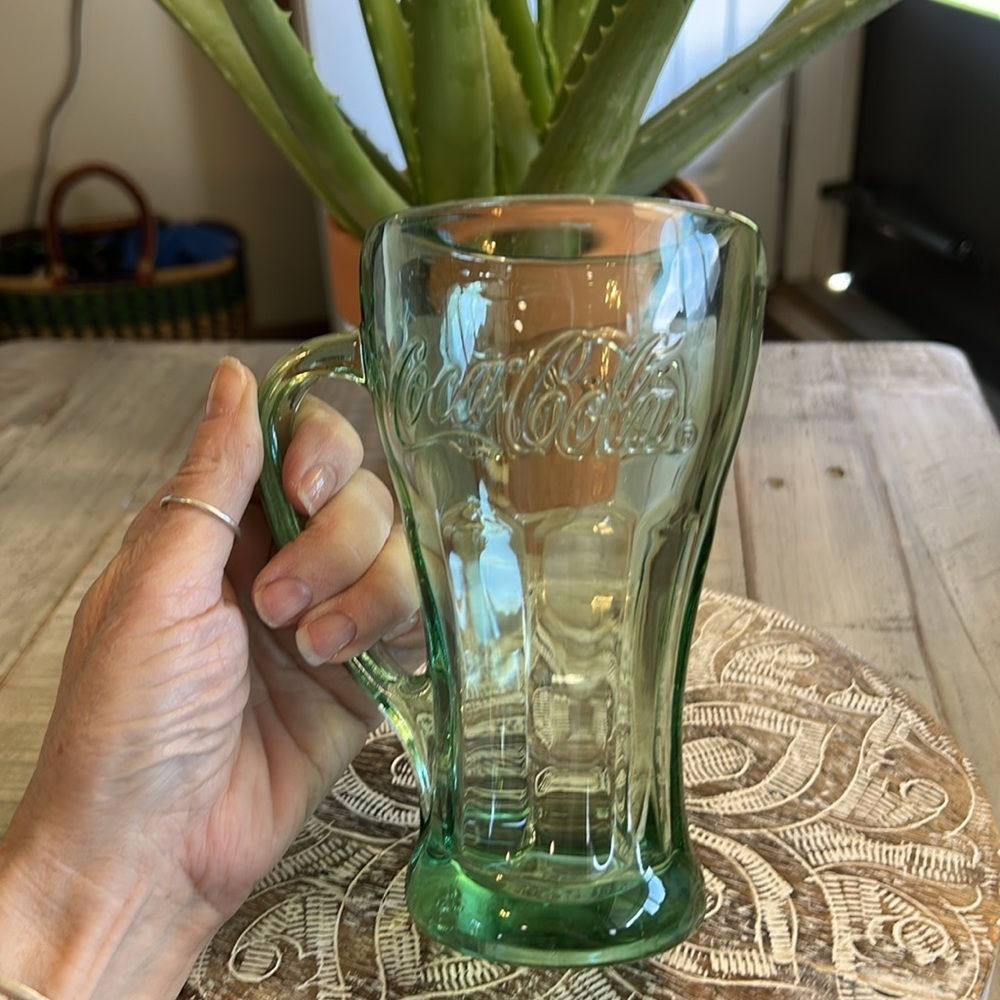 VINTAGE COCA COLA LIBBY GLASSES GREEN GLASS MUGS HEAVY WITH HANDLES SET OF 2 - Picture 2 of 7